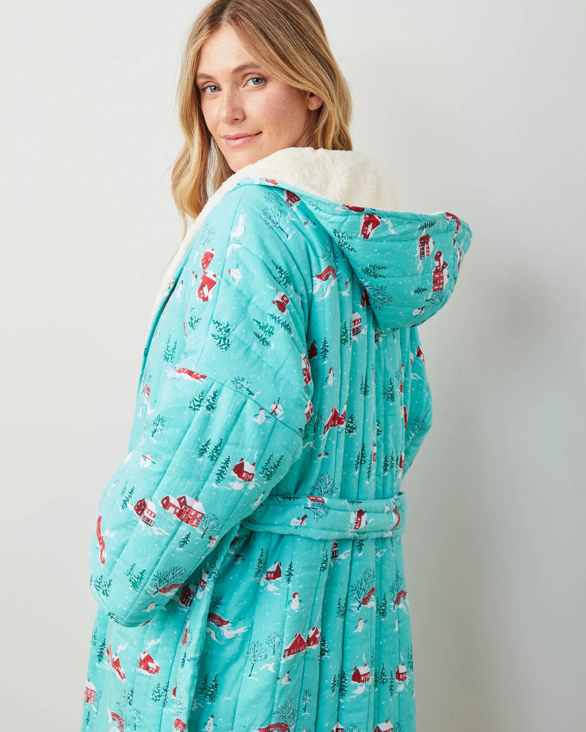 Winter Wonderland - Flannel Quilted Hooded Sherpa Robe -  Snow Day