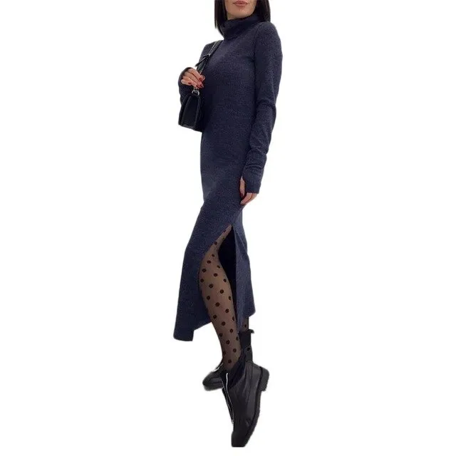 Women Knitting Turtleneck Sweater Dress