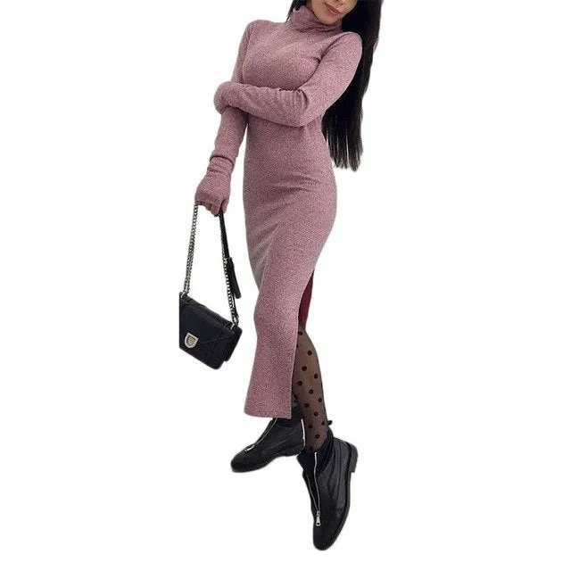 Women Knitting Turtleneck Sweater Dress