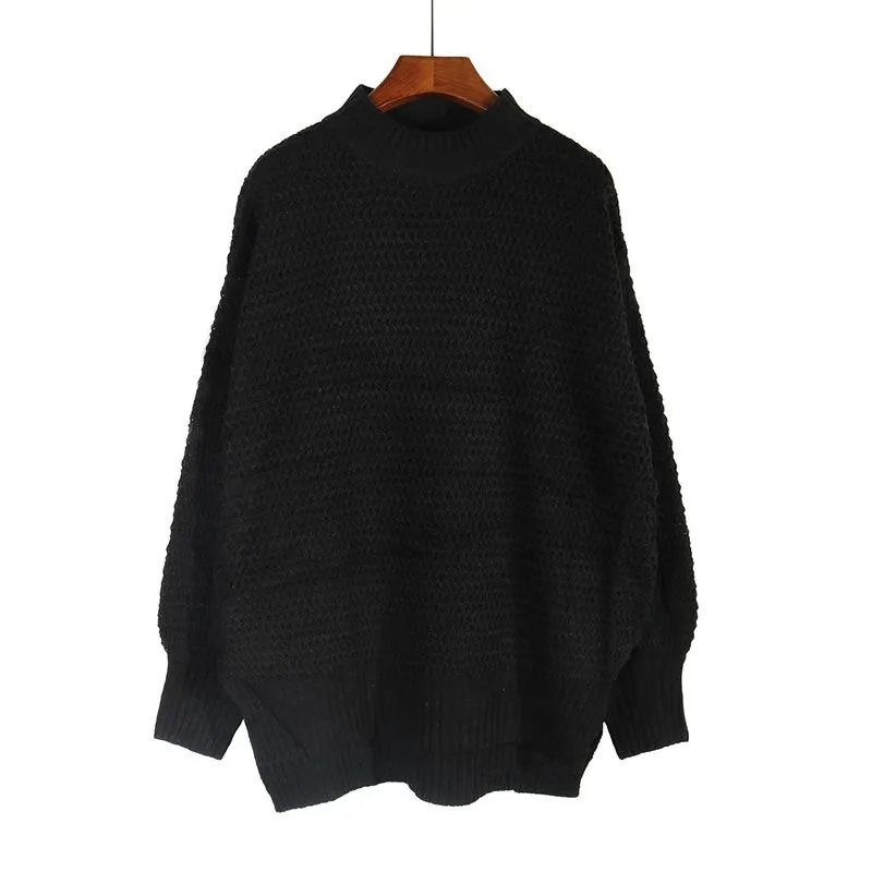 Women long sleeve pullover chunky knit slit-hem sweater