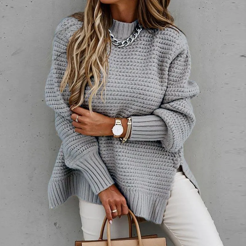 Women long sleeve pullover chunky knit slit-hem sweater