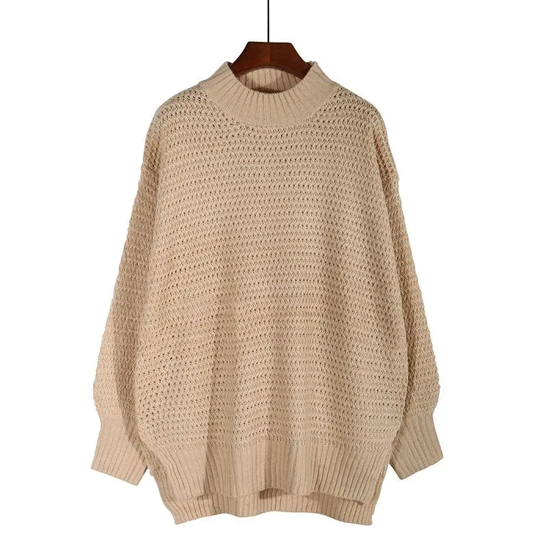 Women long sleeve pullover chunky knit slit-hem sweater