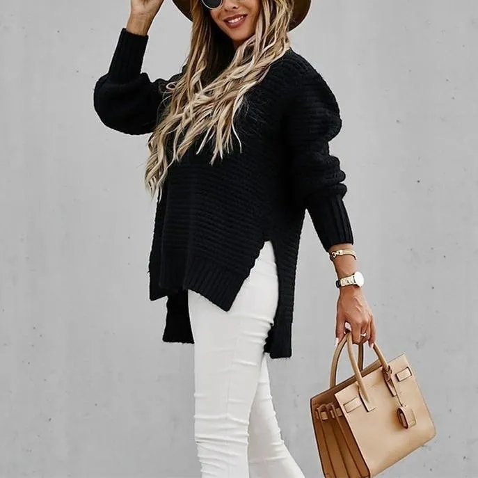 Women long sleeve pullover chunky knit slit-hem sweater