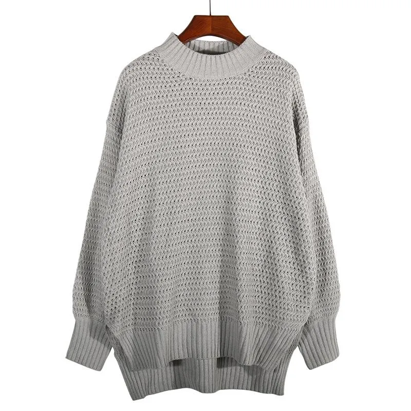 Women long sleeve pullover chunky knit slit-hem sweater