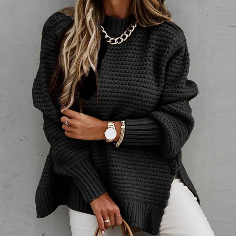 Women long sleeve pullover chunky knit slit-hem sweater