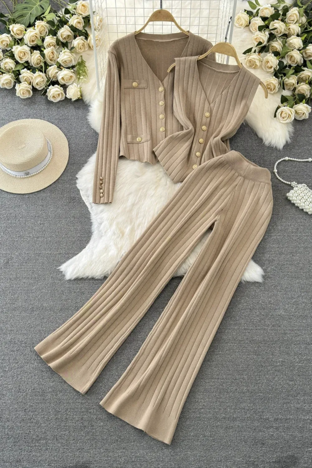 Womens Ribbed Cardigan & Wide-Leg Pant Set