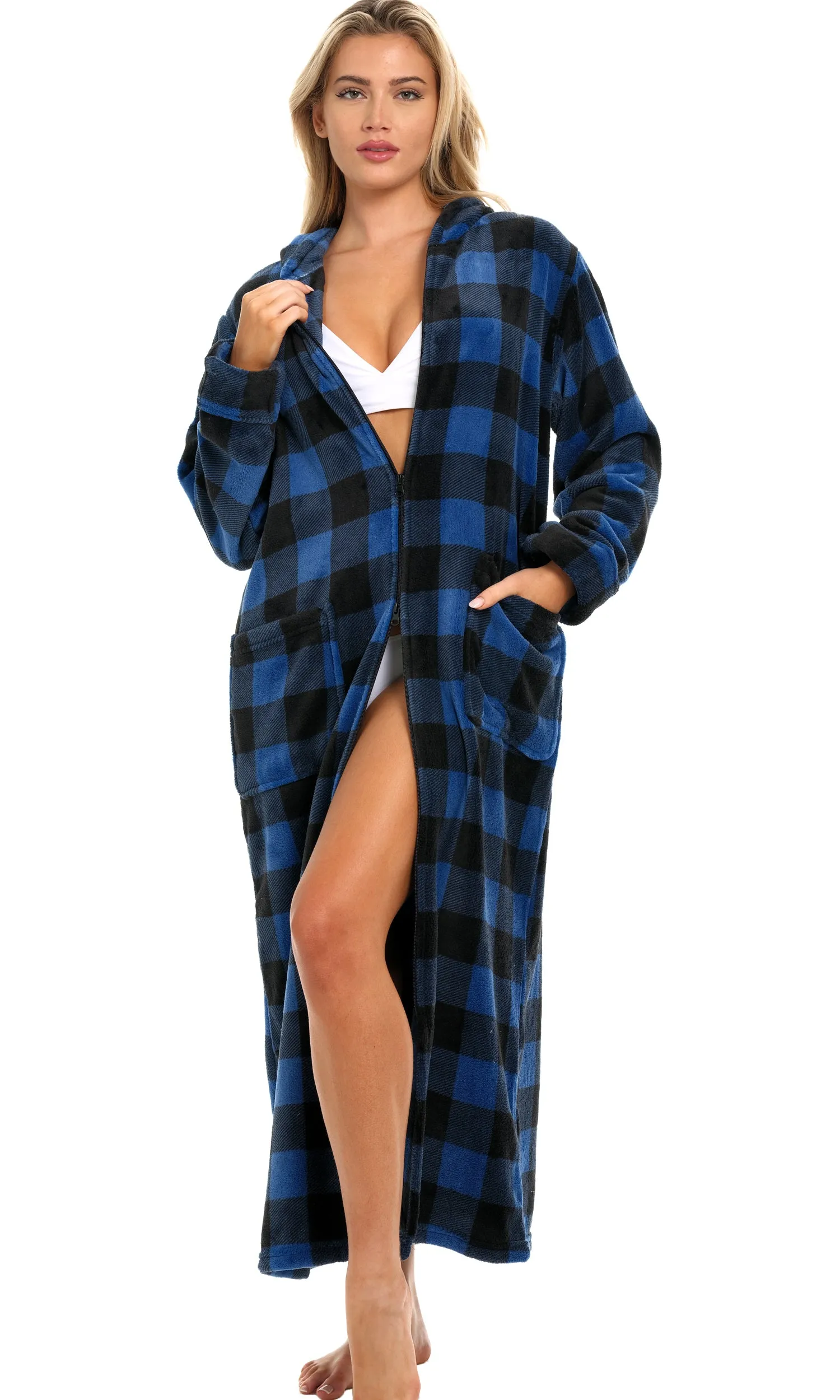 Women's Zip Up Fleece Robe with Hood, Oversized Hooded Bathrobe with Two Way Zipper