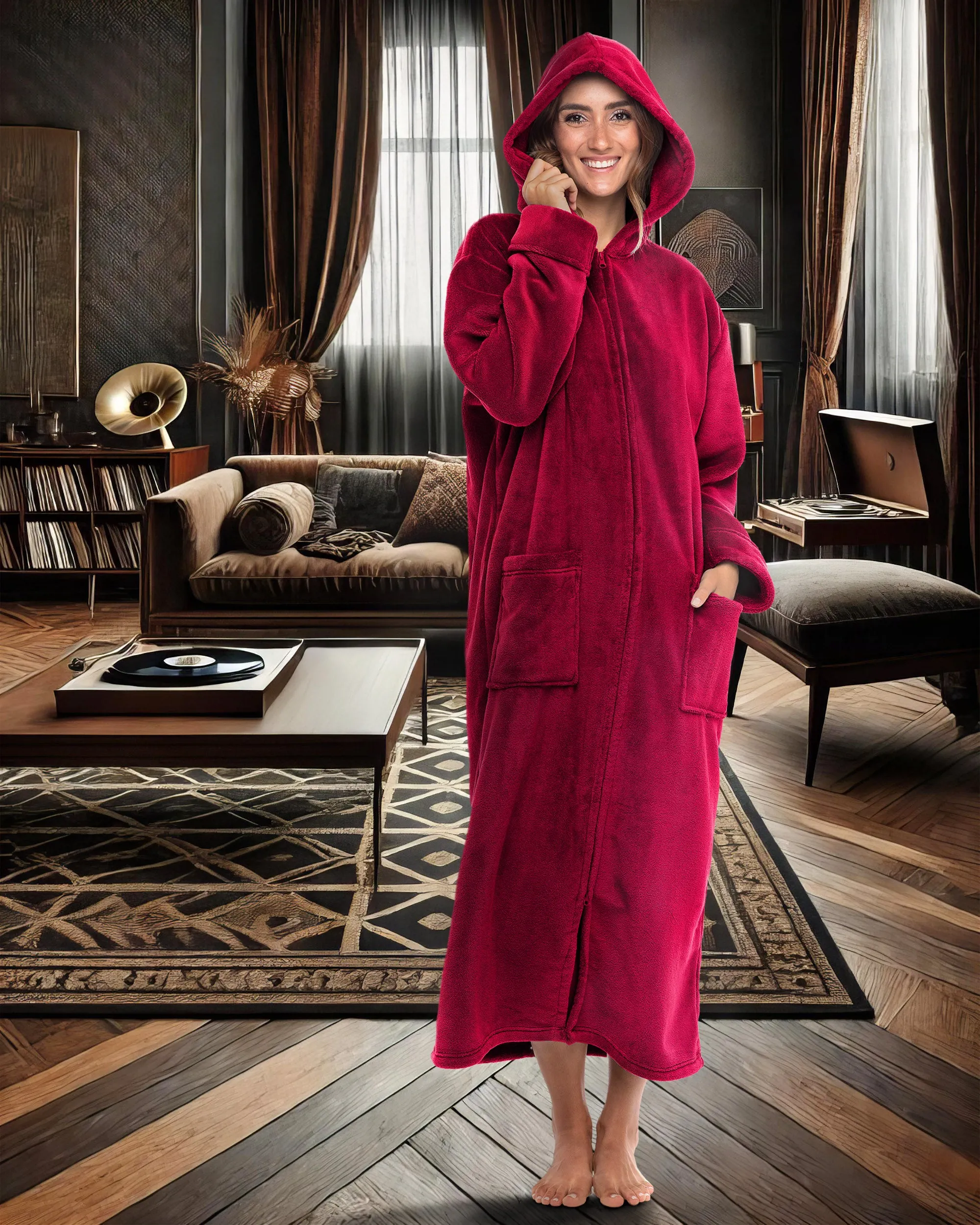 Women's Zip Up Fleece Robe with Hood, Oversized Hooded Bathrobe with Two Way Zipper