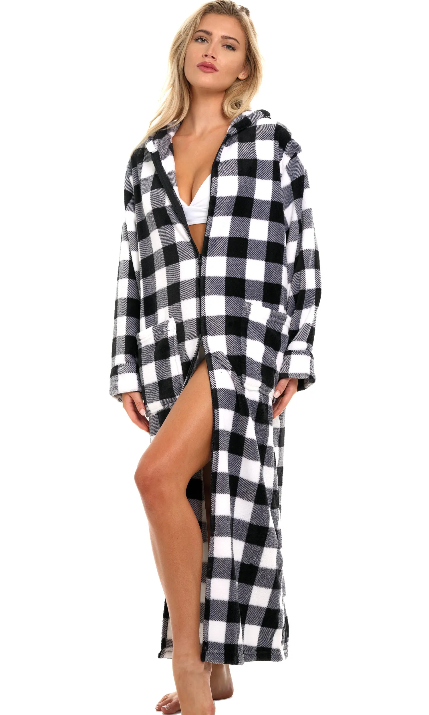 Women's Zip Up Fleece Robe with Hood, Oversized Hooded Bathrobe with Two Way Zipper