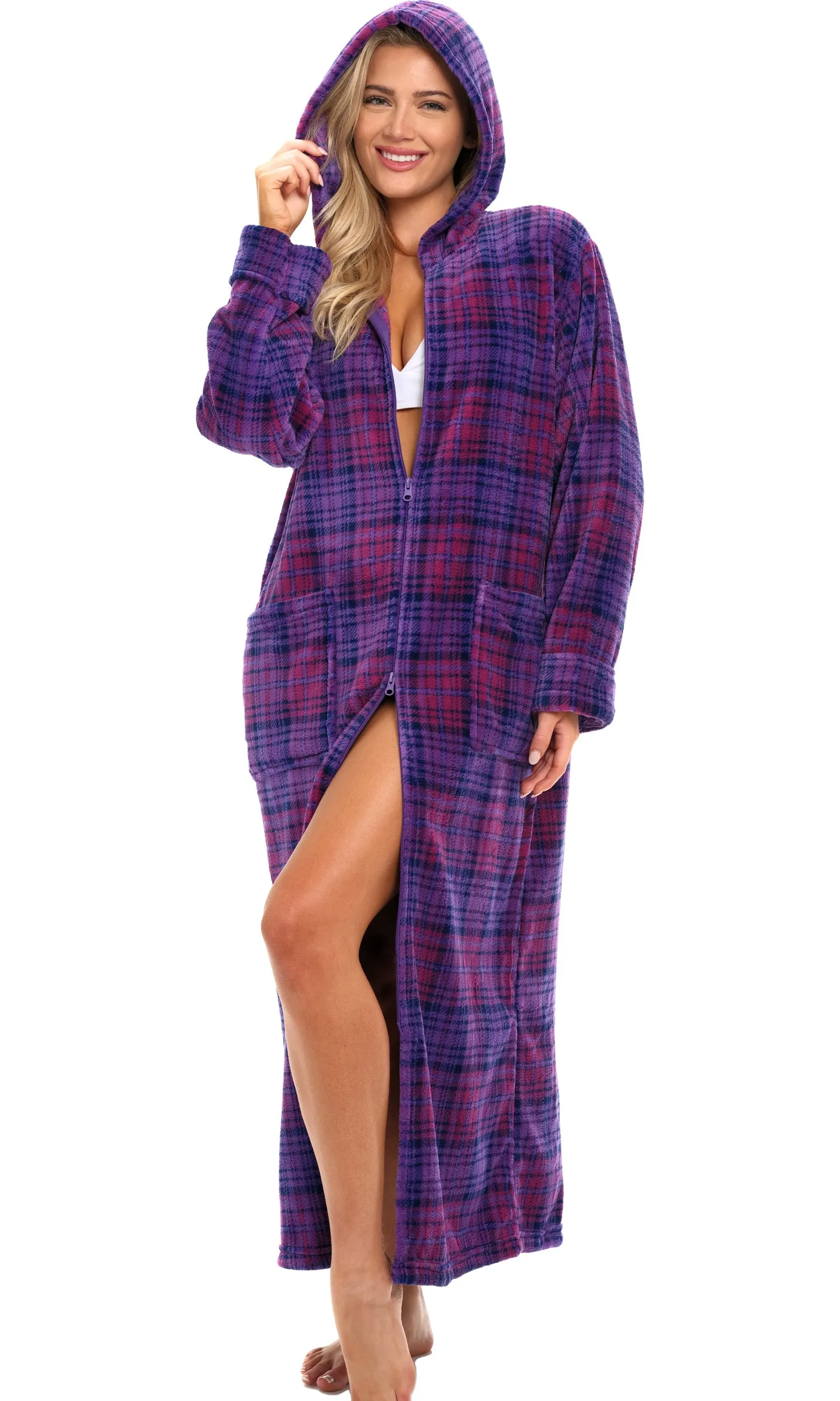 Women's Zip Up Fleece Robe with Hood, Oversized Hooded Bathrobe with Two Way Zipper