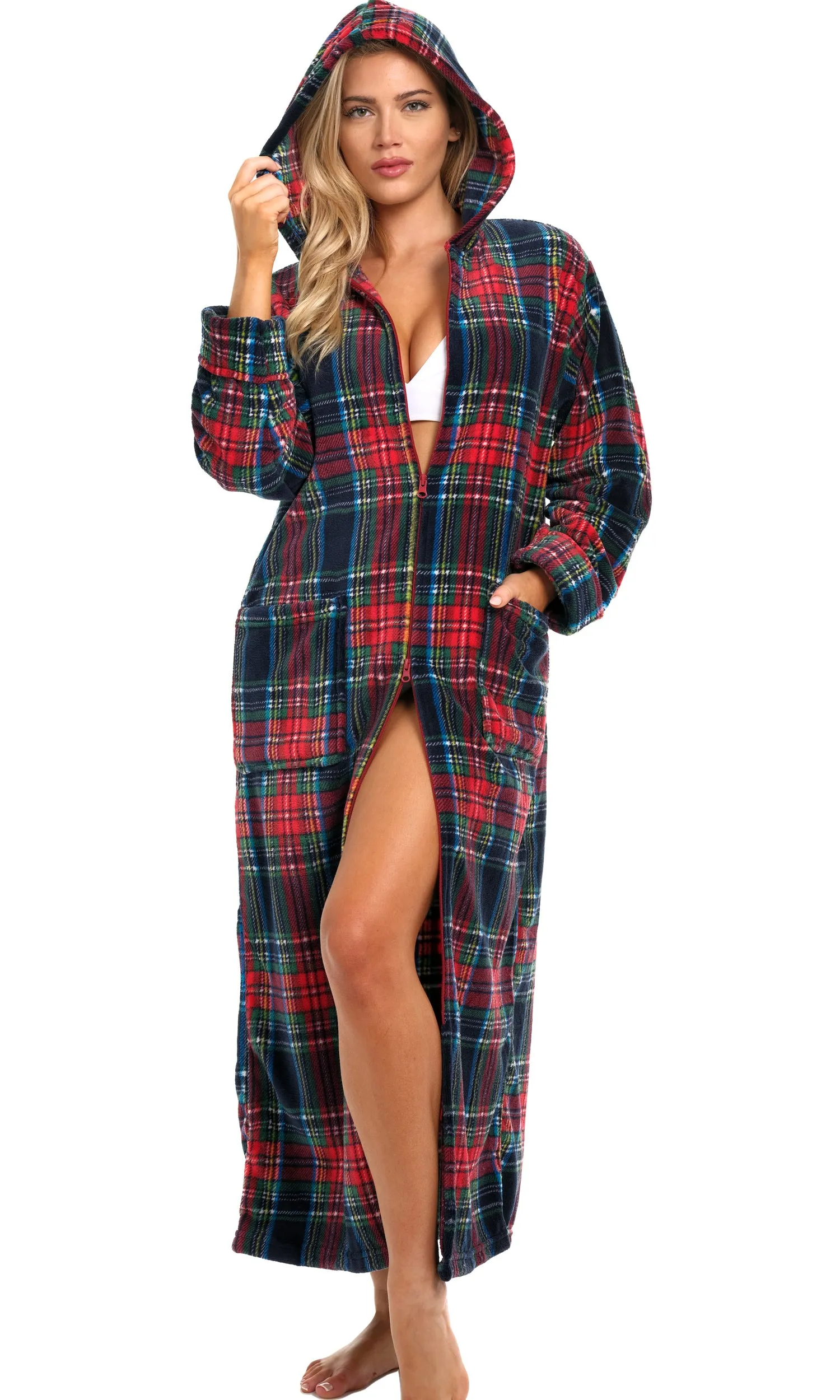 Women's Zip Up Fleece Robe with Hood, Oversized Hooded Bathrobe with Two Way Zipper