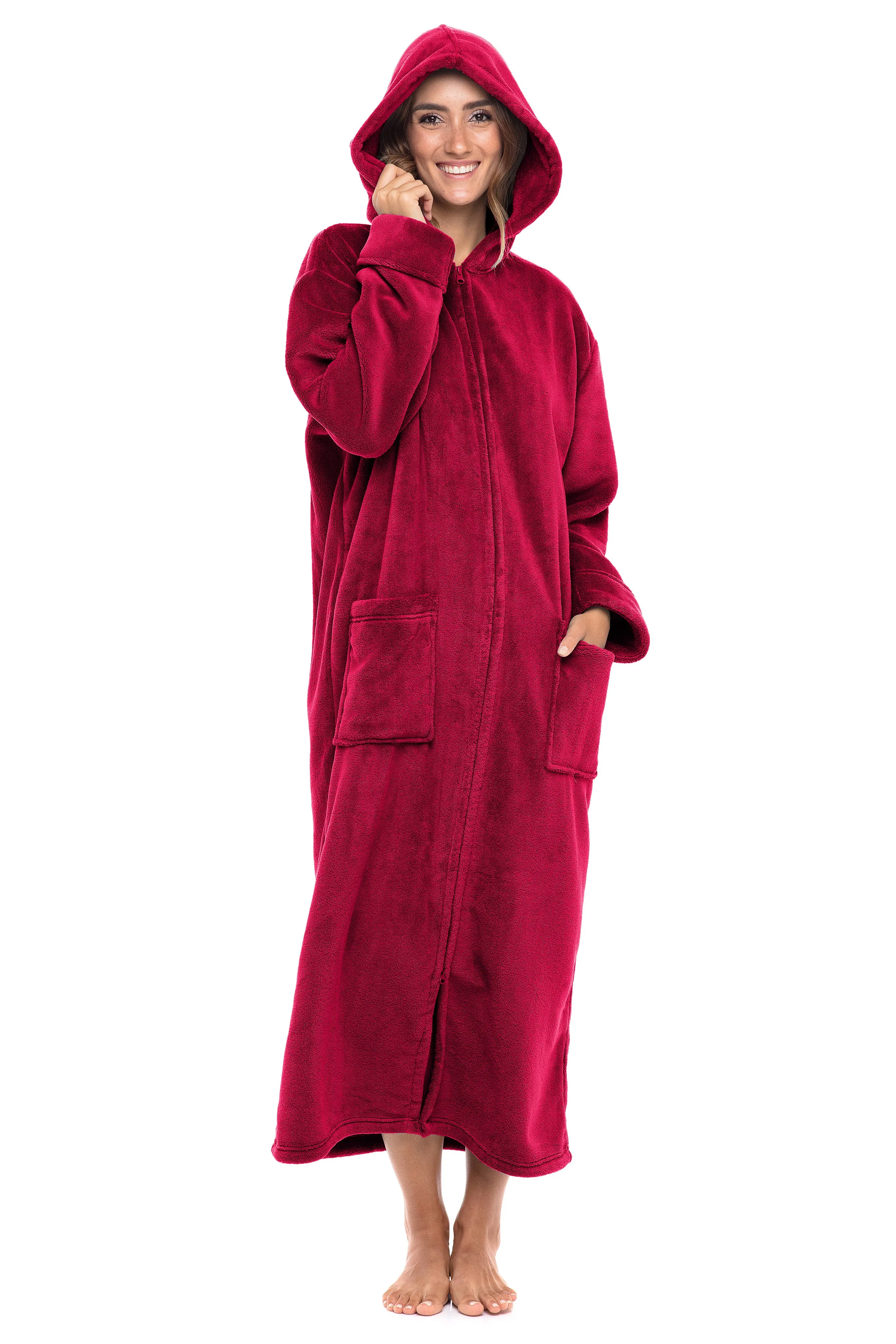 Women's Zip Up Fleece Robe with Hood, Oversized Hooded Bathrobe with Two Way Zipper