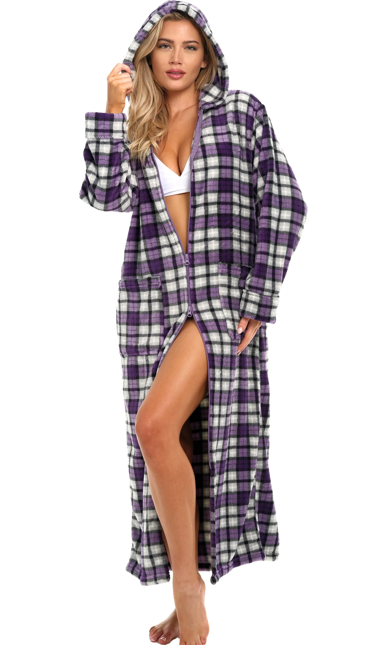 Women's Zip Up Fleece Robe with Hood, Oversized Hooded Bathrobe with Two Way Zipper