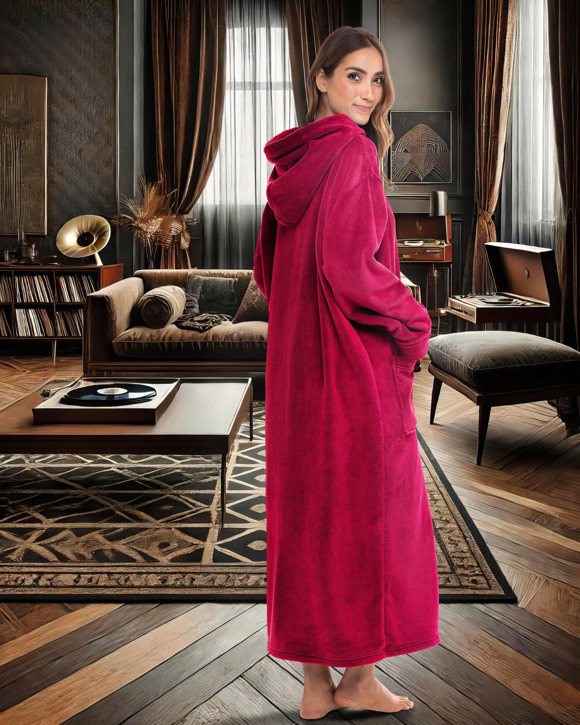 Women's Zip Up Fleece Robe with Hood, Oversized Hooded Bathrobe with Two Way Zipper