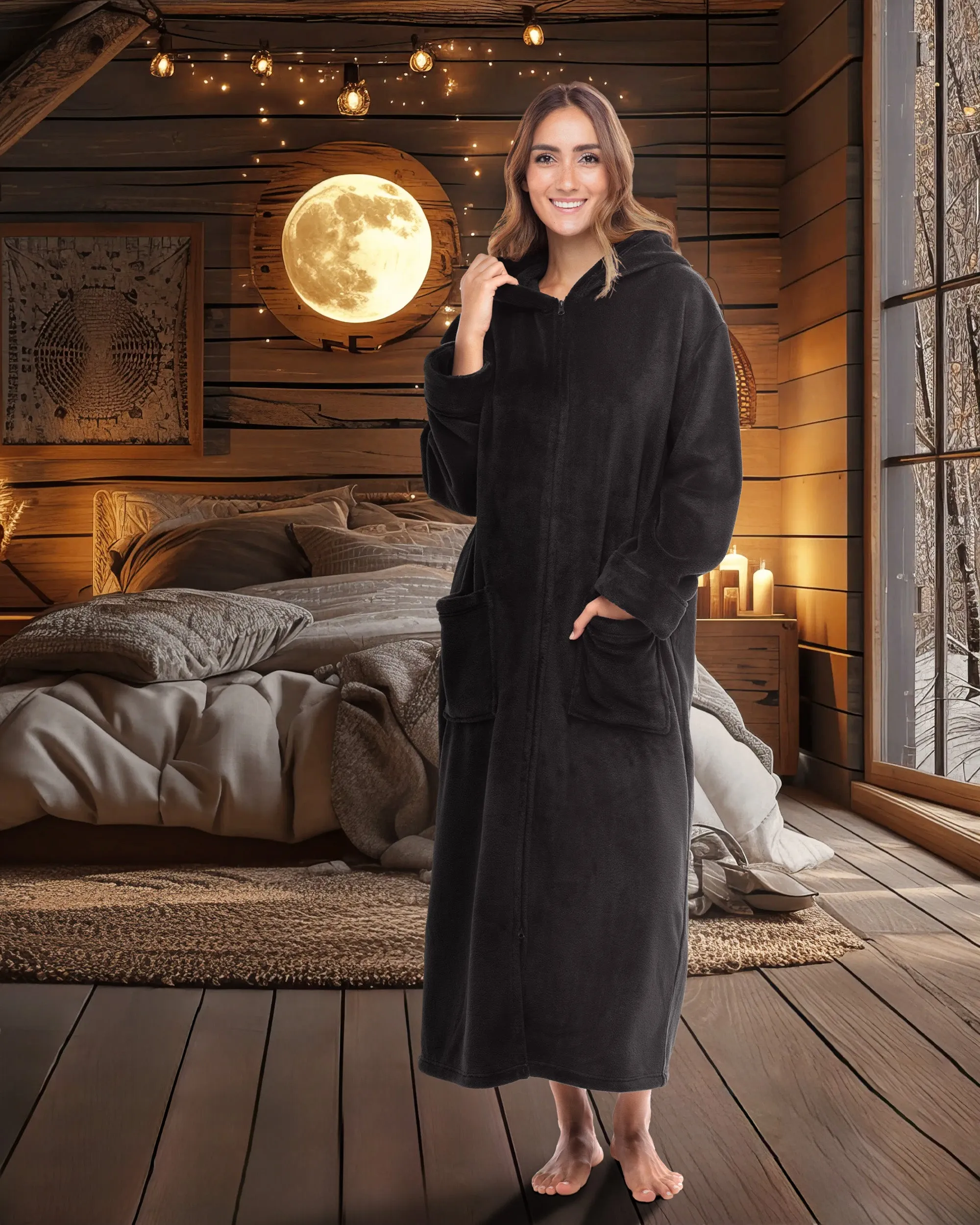 Women's Zip Up Fleece Robe with Hood, Oversized Hooded Bathrobe with Two Way Zipper