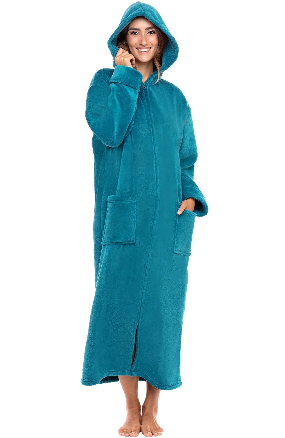 Women's Zip Up Fleece Robe with Hood, Oversized Hooded Bathrobe with Two Way Zipper