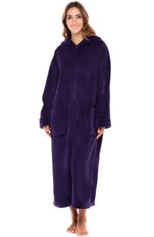 Women's Zip Up Fleece Robe with Hood, Oversized Hooded Bathrobe with Two Way Zipper