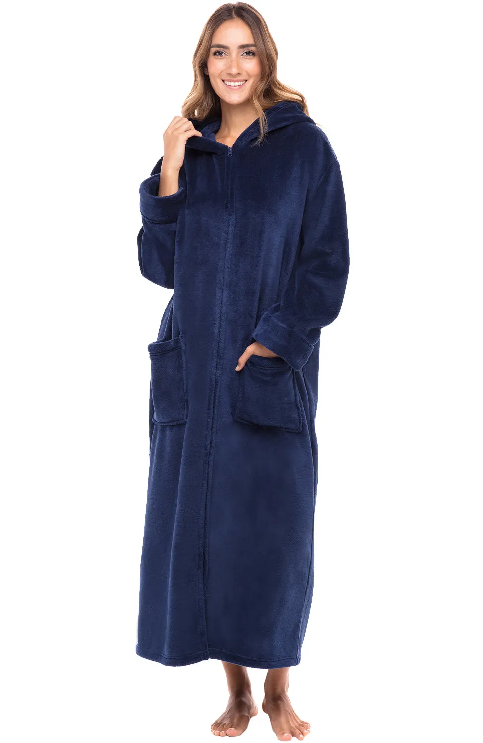 Women's Zip Up Fleece Robe with Hood, Oversized Hooded Bathrobe with Two Way Zipper