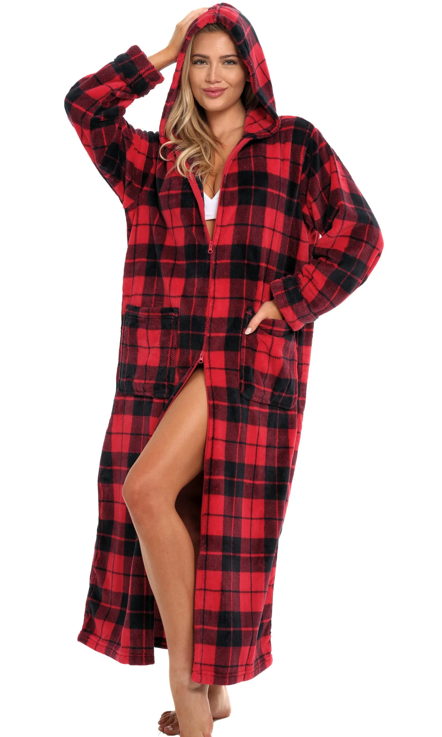 Women's Zip Up Fleece Robe with Hood, Oversized Hooded Bathrobe with Two Way Zipper