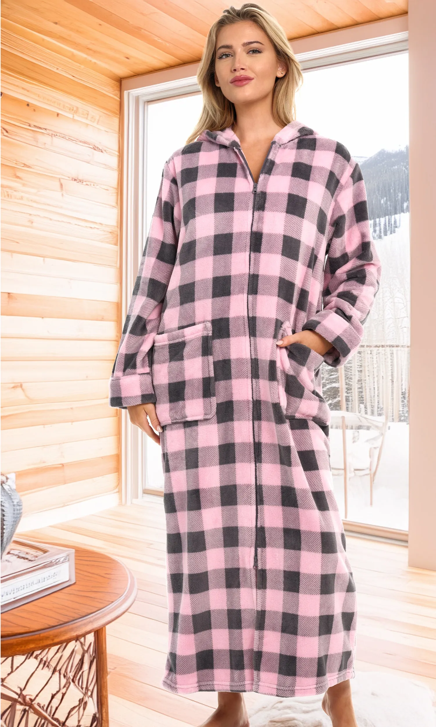 Women's Zip Up Fleece Robe with Hood, Oversized Hooded Bathrobe with Two Way Zipper