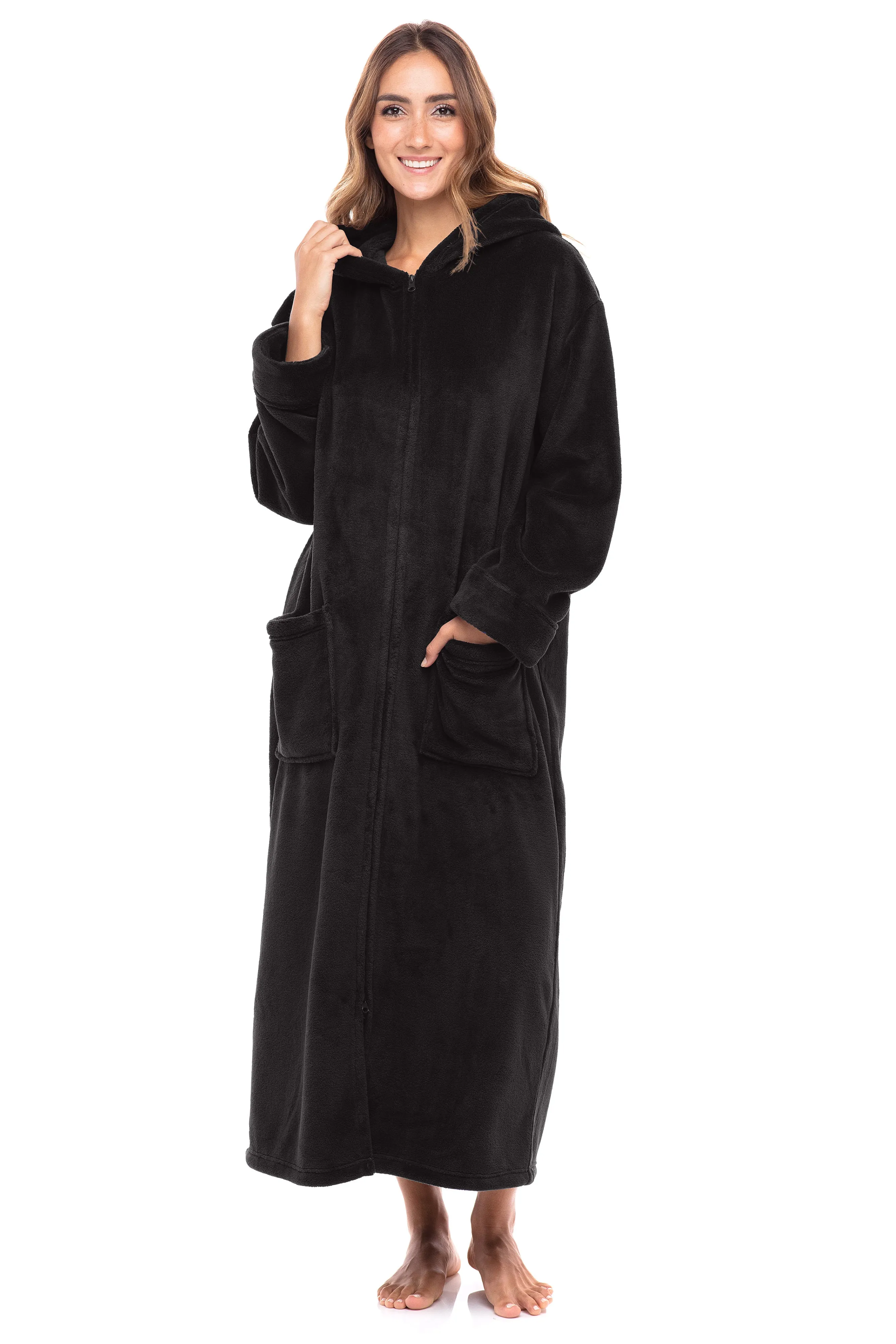 Women's Zip Up Fleece Robe with Hood, Oversized Hooded Bathrobe with Two Way Zipper